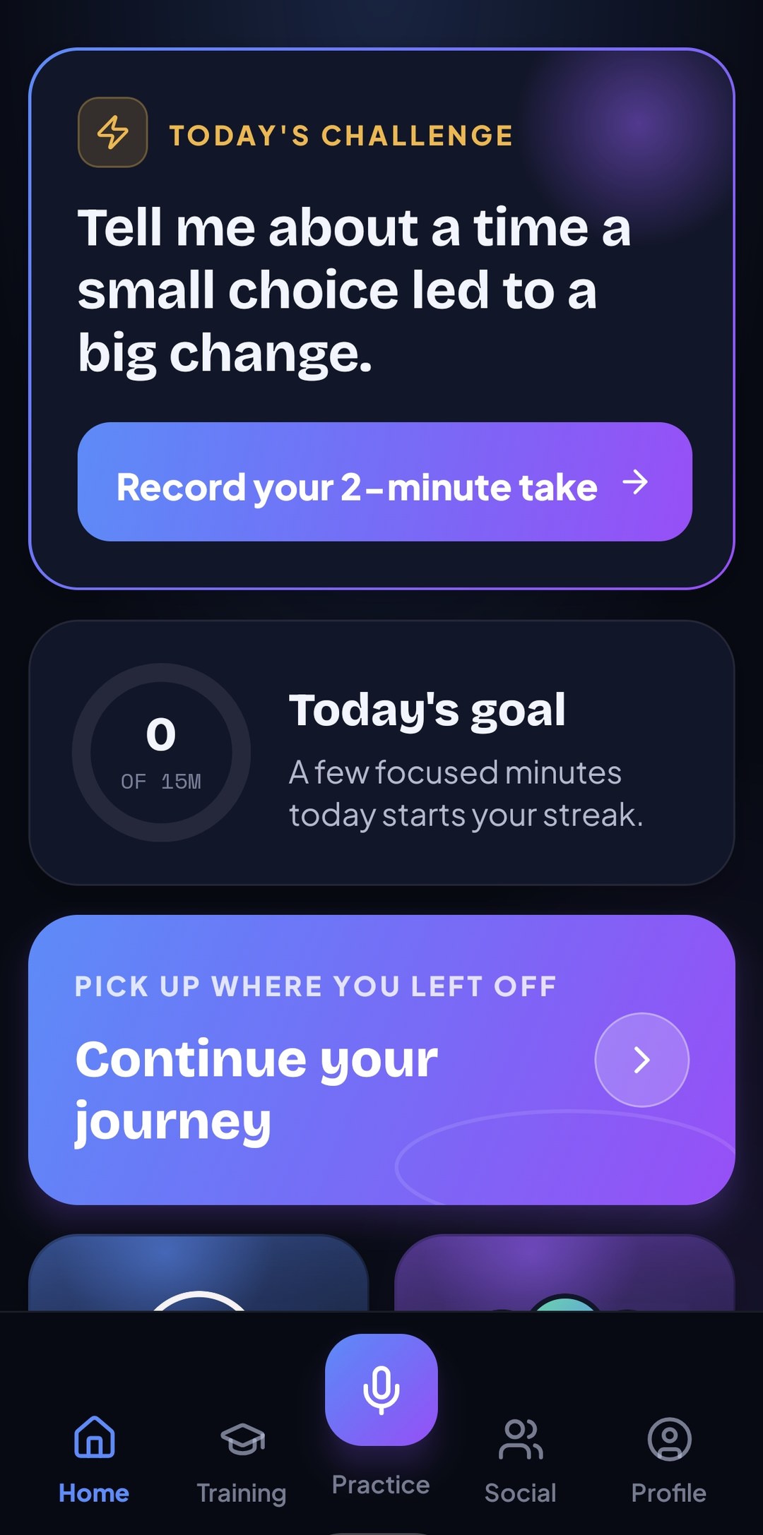 VIP Speech home screen with today's speaking challenge and your learning journey